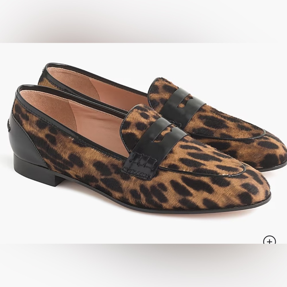 J Crew Academy Lux Leopard Calf Hair Penny Loafers 7 Pointed Toe Classic Preppy